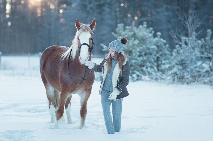 Mädchen und Pferd spazieren im Schnee